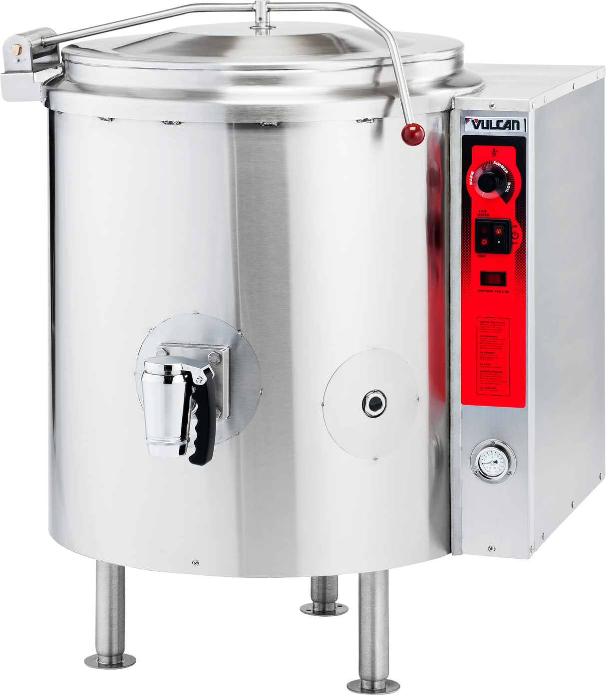 A large, 40-gallon stainless steel stationary kettle with a rounded body, control panel with red accents, gauge, and right-side handle. This gas model has a fitted lid and stands on four sturdy legs for industrial kitchen cooking.