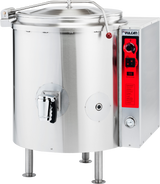 A large, 40-gallon stainless steel stationary kettle with a rounded body, control panel with red accents, gauge, and right-side handle. This gas model has a fitted lid and stands on four sturdy legs for industrial kitchen cooking.