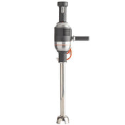 A KitchenAid Commercial heavy duty immersion blender with a long stainless steel shaft, black handle, and control buttons on top. The black and silver motor body features a red logo and orange power cord. Blender stands upright against a white background.