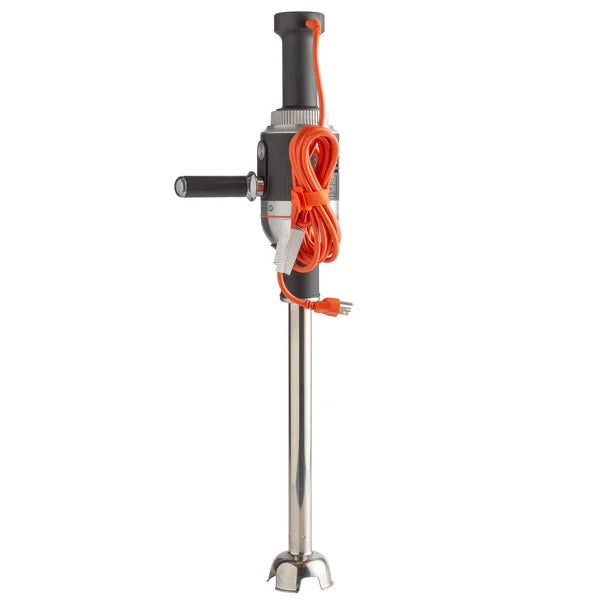 A large, heavy duty immersion blender with a long metal blending shaft, black handle with side grip, and an orange power cord wrapped around the handle, ending in a standard two-prong plug—perfect for commercial use.