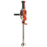 A large, heavy duty immersion blender with a long metal blending shaft, black handle with side grip, and an orange power cord wrapped around the handle, ending in a standard two-prong plug—perfect for commercial use.