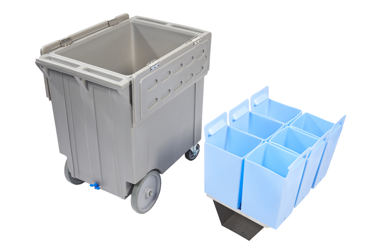 A large, gray, wheeled bin with an open lid is shown next to a blue, six-compartment insert. The LBCS1360 insert is designed to fit inside the bin for organized storage or sorting. Both items are photographed against a white background.