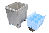 A large, gray, wheeled bin with an open lid is shown next to a blue, six-compartment insert. The LBCS1360 insert is designed to fit inside the bin for organized storage or sorting. Both items are photographed against a white background.