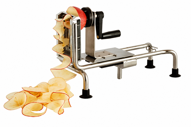 A stainless steel Le Rouet vegetable slicer is shown in use, with thin, continuous apple slices spiraling from a red apple. Featuring a hand crank, black suction feet, and Straight Blade, the machine sits against a white background.