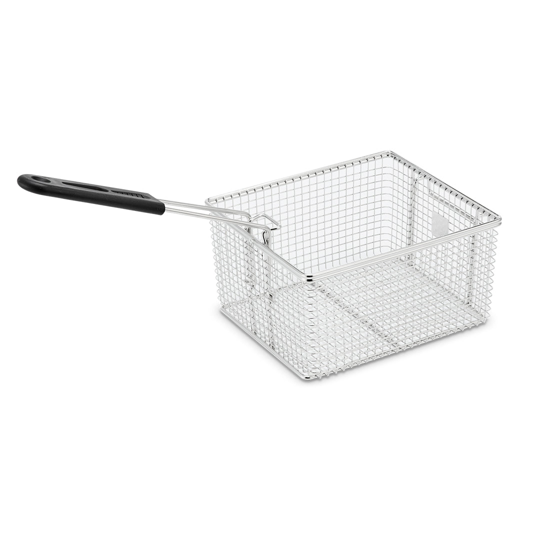 A rectangular stainless steel Fryer Basket with a mesh design and a black plastic handle, angled to the left. The WDF1300 basket is empty and placed on a white background.