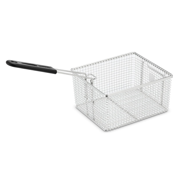 A rectangular stainless steel Fryer Basket with a mesh design and a black plastic handle, angled to the left. The WDF1300 basket is empty and placed on a white background.