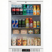 A refrigerator merchandiser stocked with soda cans, bottled water, and juice on top; sports drinks and iced tea in the middle; wraps, sandwiches, salads, fruit cups, and Chobani yogurt at the bottom. The Empura LG-138HA-W is perfect for organized display.
