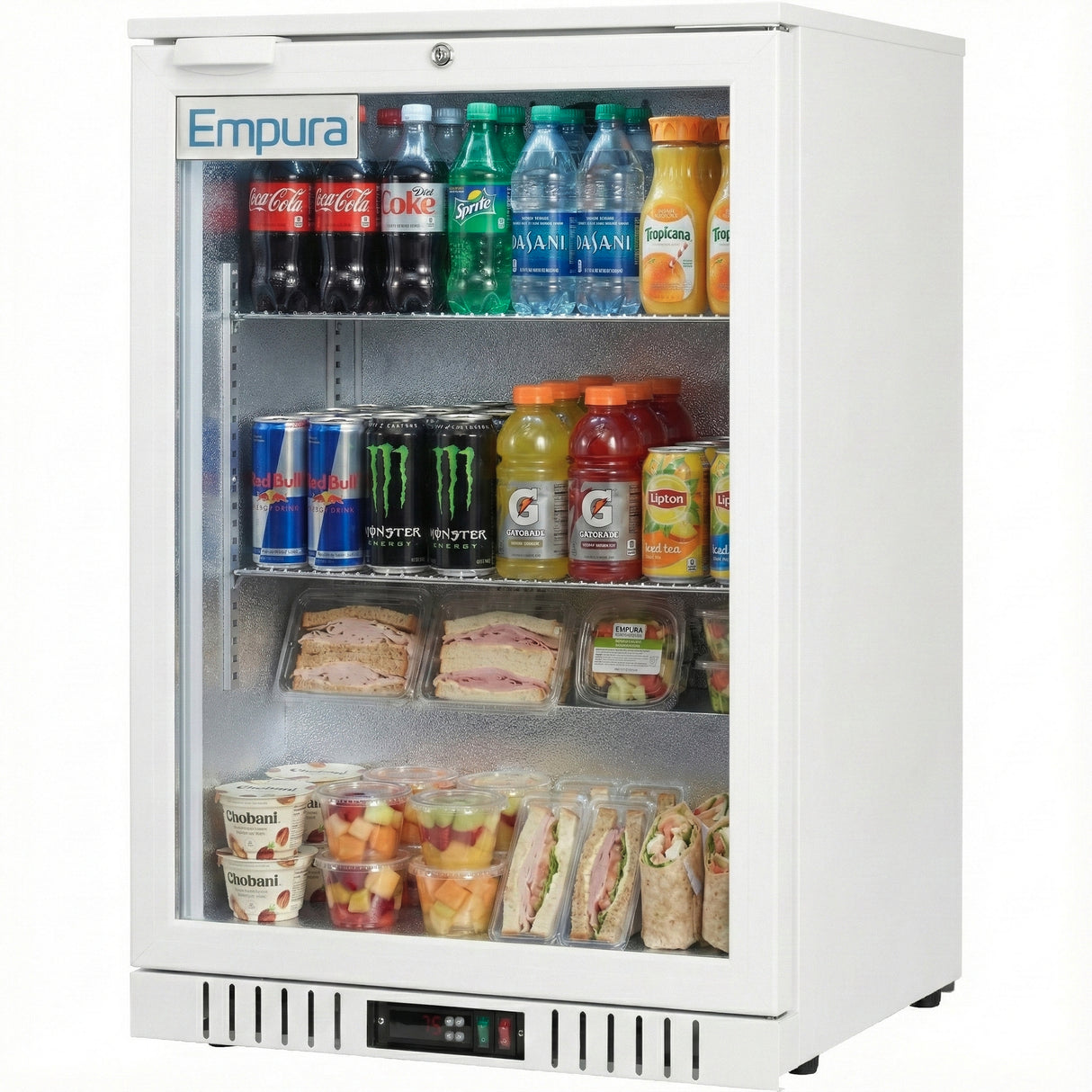 A white Empura LG-138HA-W countertop refrigerator merchandiser with a glass door showcases bottled drinks, canned sodas, sandwiches, fruit cups, and wraps neatly arranged on three shelves, all brightly lit against a white background.