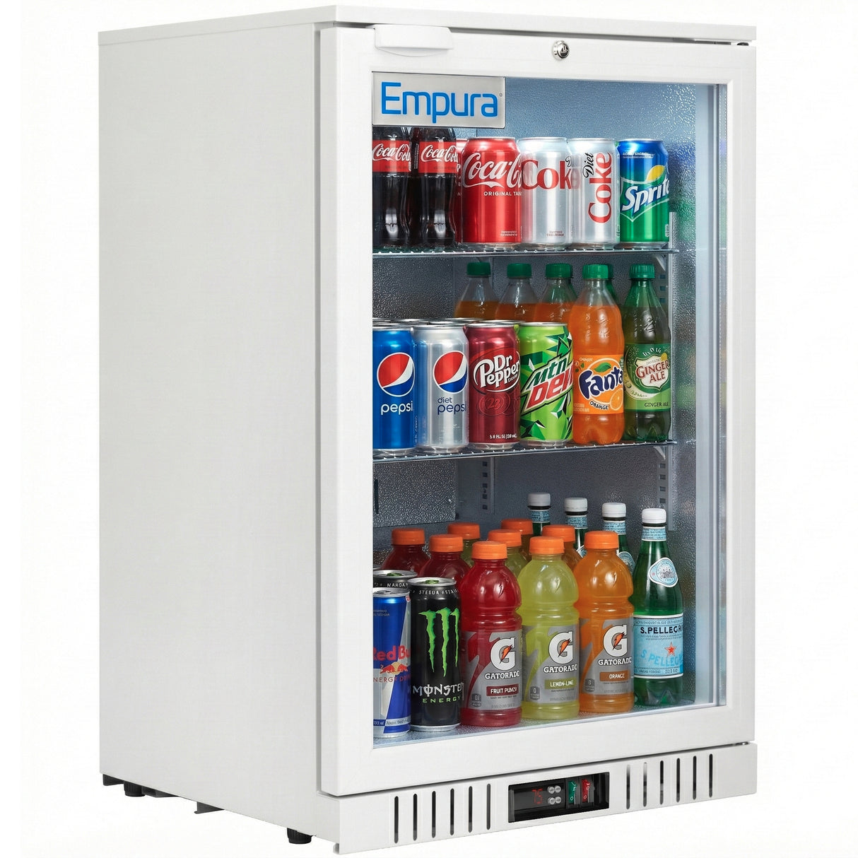 A white Empura LG-138HA-W countertop refrigerator merchandiser with a glass door displays assorted drinks—Coca-Cola, Sprite, Pepsi, Fanta, Monster Energy, Gatorade, San Pellegrino, and LaCroix—on three brightly lit shelves.