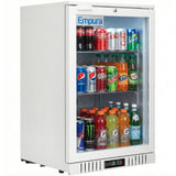 A white Empura LG-138HA-W countertop refrigerator merchandiser with a glass door displays assorted drinks—Coca-Cola, Sprite, Pepsi, Fanta, Monster Energy, Gatorade, San Pellegrino, and LaCroix—on three brightly lit shelves.