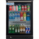 An Empura merchandiser refrigerator with glass doors displays assorted drinks: sodas (Coca-Cola, Diet Coke, Sprite, Dr Pepper, Mountain Dew), Aquafina and Dasani water bottles, Gatorade, Powerade, Heineken, Corona beer, San Pellegrino, and Red Bull.