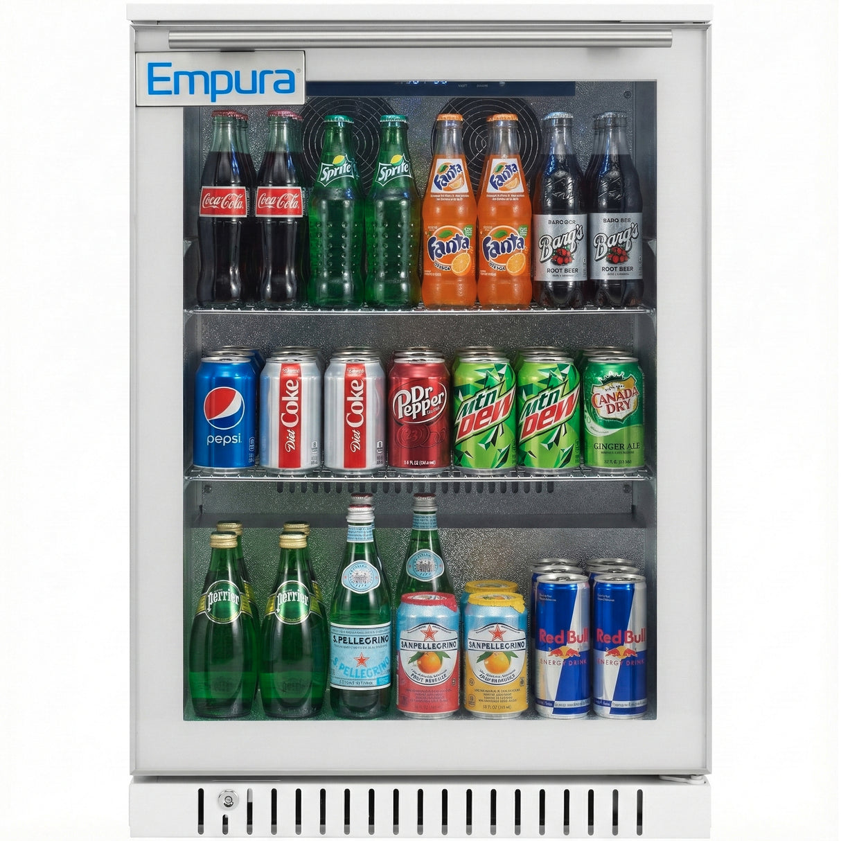 A glass door merchandiser Empura beverage fridge is stocked with assorted drinks—Coca-Cola, Sprite, Fanta, Dr Pepper, Pepsi, Canada Dry, Perrier, San Pellegrino, Mountain Dew, and Red Bull—neatly arranged on three shelves.