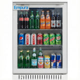 A glass door merchandiser Empura beverage fridge is stocked with assorted drinks—Coca-Cola, Sprite, Fanta, Dr Pepper, Pepsi, Canada Dry, Perrier, San Pellegrino, Mountain Dew, and Red Bull—neatly arranged on three shelves.