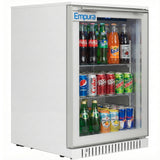 A compact, white Empura glass door merchandiser displays assorted drinks, including Coca-Cola, Sprite, Fanta, Pepsi, Diet Coke, Dr Pepper, Mountain Dew, and energy drinks neatly arranged on two shelves and the bottom.