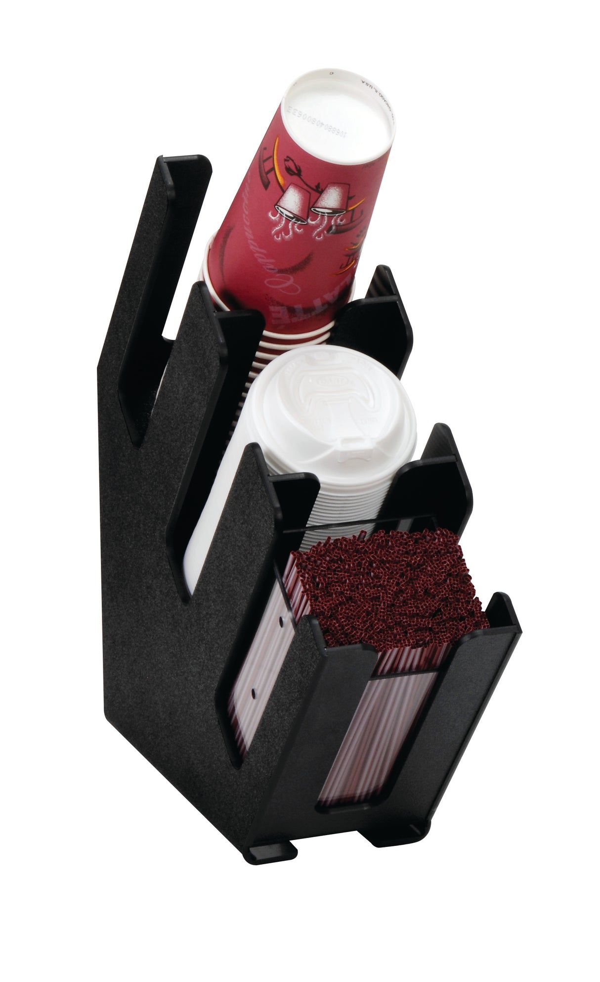 This slim design cup and lid organizer features three-section compartments to neatly hold red paper cups, white lids, and red coffee stirrers—perfect for keeping beverage station essentials organized and easily accessible.