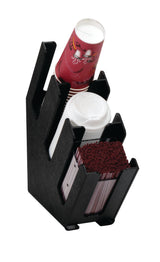 This slim design cup and lid organizer features three-section compartments to neatly hold red paper cups, white lids, and red coffee stirrers—perfect for keeping beverage station essentials organized and easily accessible.