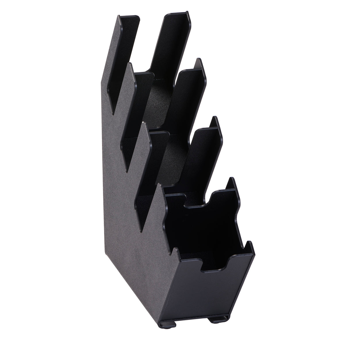A black, angled polystyrene holder with four vertical slots of varying heights, designed to organize and store multiple items such as remote controls or handheld devices. The smooth surface and upright structure resemble a sleek cup lid organizer.