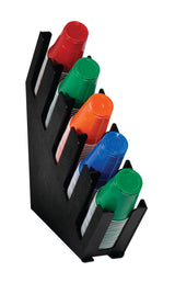 The slim design of the Dispense-Rite LID-5BT cup and lid organizer holds five stacks of plastic cups—red, green, orange, blue, and clear with colored rims—in angled slots, keeping them neatly nested and easy to access.