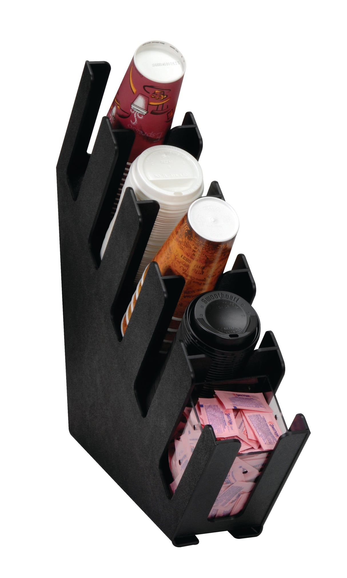 A slim design Dispense-Rite LID-5BT cup and lid organizer holds stacks of disposable drink cups—white, patterned, and black—plus straws and pink sugar packets in separate compartments. The tilted organizer offers easy access.