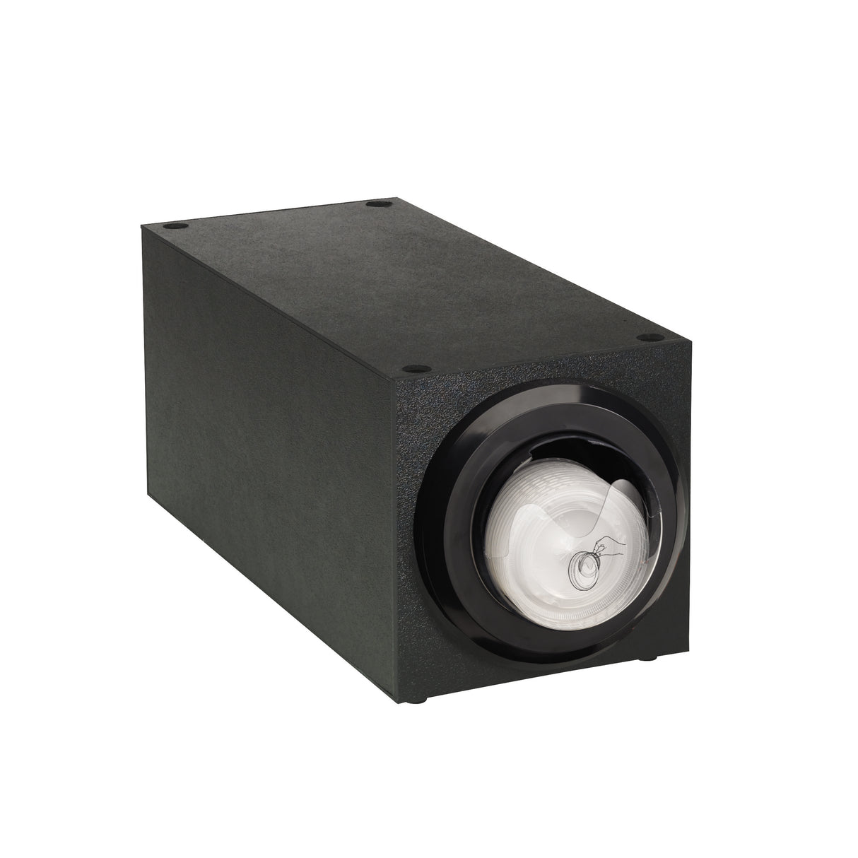 A rectangular black electronic device with a glossy circular lens on the front, resembling a stackable lid dispenser or projector. The matte body features visible screws on the corners. The spiraled lens shows a faint reflection and subtle industrial design.