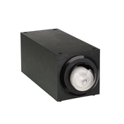 A rectangular black electronic device with a glossy circular lens on the front, resembling a stackable lid dispenser or projector. The matte body features visible screws on the corners. The spiraled lens shows a faint reflection and subtle industrial design.