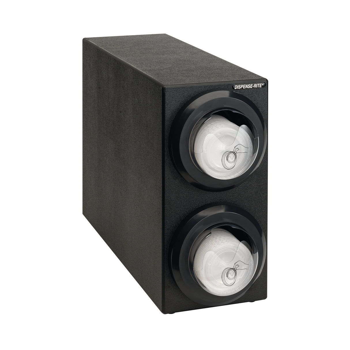 A black rectangular lid dispensing cabinet with two circular compartments on the front, each holding a roll of disposable gloves. Transparent covers reveal the gloves inside, and DISPENSE-RITE is labeled on the top front corner.