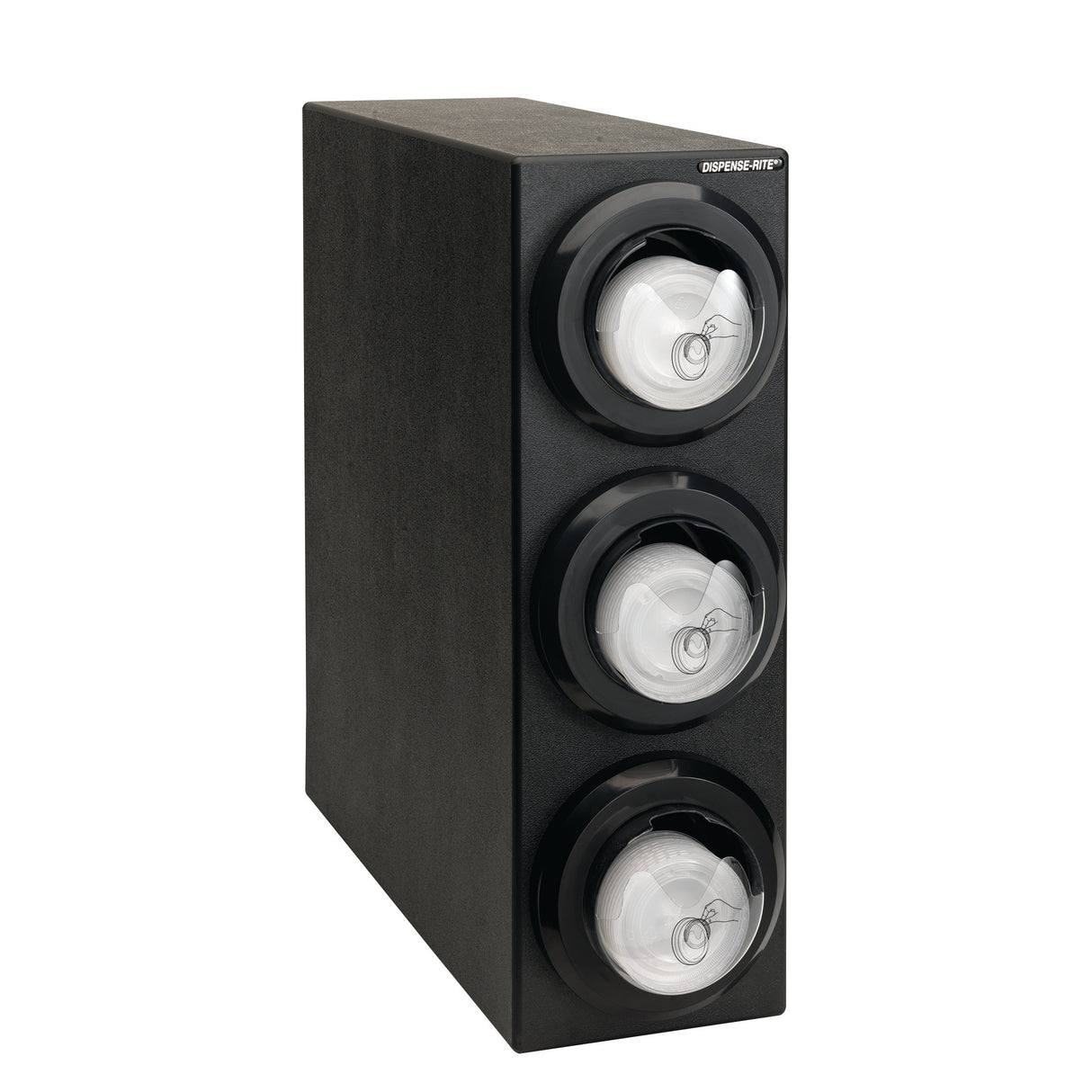 A black rectangular wall-mounted dispenser, also suitable for countertop use, holds three stacked rolls of white tape behind transparent round covers. The unit has a matte finish and is labeled DISPENSE-RITE at the top right corner.