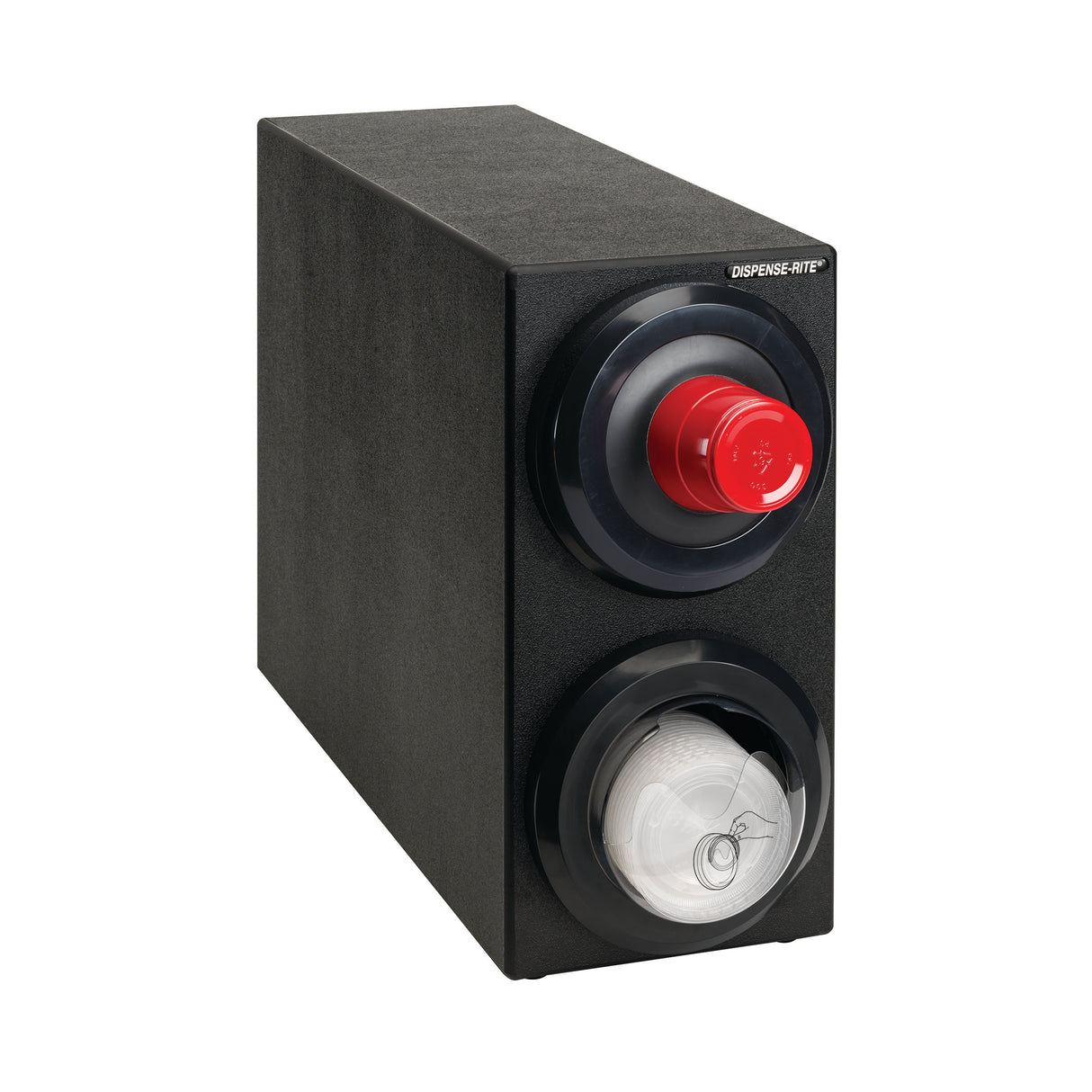 A black rectangular dispenser with two circular compartments on the front: the upper one holds a red knob and the lower displays a roll of disposable paper hats or covers, similar in style to DISPESE-RITE’s countertop cup dispenser line.