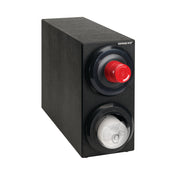 A black rectangular dispenser with two circular compartments on the front: the upper one holds a red knob and the lower displays a roll of disposable paper hats or covers, similar in style to DISPESE-RITE’s countertop cup dispenser line.