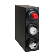 A black rectangular machine resembling a countertop cup dispenser, with three round buttons on the front: a large red button at the top, a middle compartment holding intact paper, and a bottom filled with shredded paper. EXPENSE MATE is written at the top.