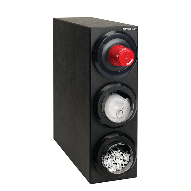 A black rectangular machine resembling a countertop cup dispenser, with three round buttons on the front: a large red button at the top, a middle compartment holding intact paper, and a bottom filled with shredded paper. EXPENSE MATE is written at the top.