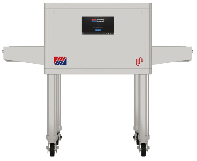 A gray LongWave Infrared Conveyor Oven with a digital display screen at the center, four sturdy vertical legs on wheels, and two foldable side arms. Logos with red and blue stripes and a red squiggle are visible on the front panel.