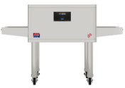 A gray industrial electric conveyor oven with two horizontal belts, four wheeled legs, a touchscreen control panel in the center, and two red-and-blue logos on the front, viewed from the front against a white background.