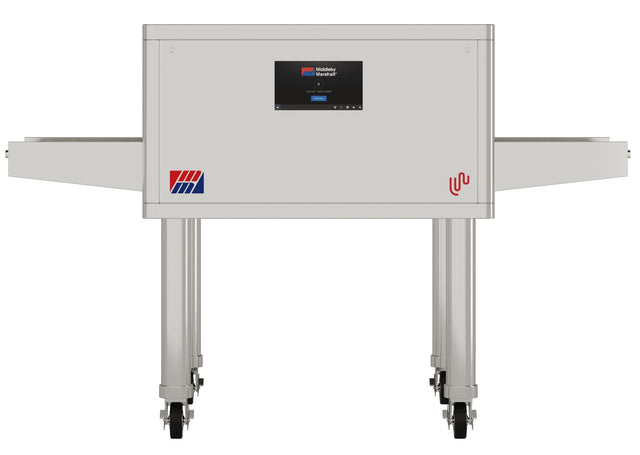 A gray industrial electric conveyor oven with two horizontal belts, four wheeled legs, a touchscreen control panel in the center, and two red-and-blue logos on the front, viewed from the front against a white background.