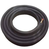 A black rubber hose is coiled into a circular shape. One end has a brass metal fitting with a red tip, likely for connection to Scotsman remote cooled units or as part of an insulated line set. The hose appears thick and durable. The background is plain white.