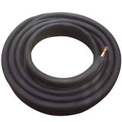 A black rubber insulated line set coiled in a circular shape, with a brass connector and red cap on one end. The hose appears thick and sturdy, ideal for heavy-duty or Scotsman remote cooled units, against a plain white background.