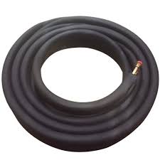 A coiled black rubber hose with a brass connector and red-tipped nozzle on one end, resembling an insulated line set used in remote cooled units from Scotsman, is neatly wound in a circular shape against a plain white background.