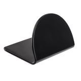 A black, L-shaped object with a flat rectangular base and a semicircular upright section, photographed on a white background. This glossy, minimalist bookend or paper holder is crafted from melamine for enhanced durability and smooth, rounded edges.