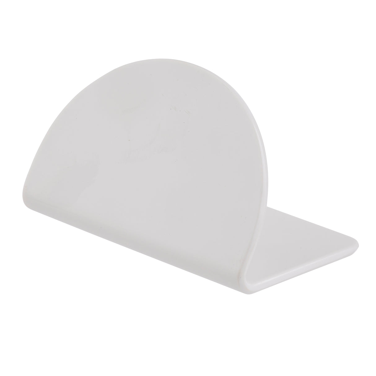 A white, semi-circular TableCraft melamine scraper with a flat base and a curved edge stands upright on a white background, its flat edge resting on the surface and the curved side facing upward.