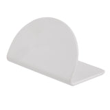 A white, semi-circular TableCraft melamine scraper with a flat base and a curved edge stands upright on a white background, its flat edge resting on the surface and the curved side facing upward.
