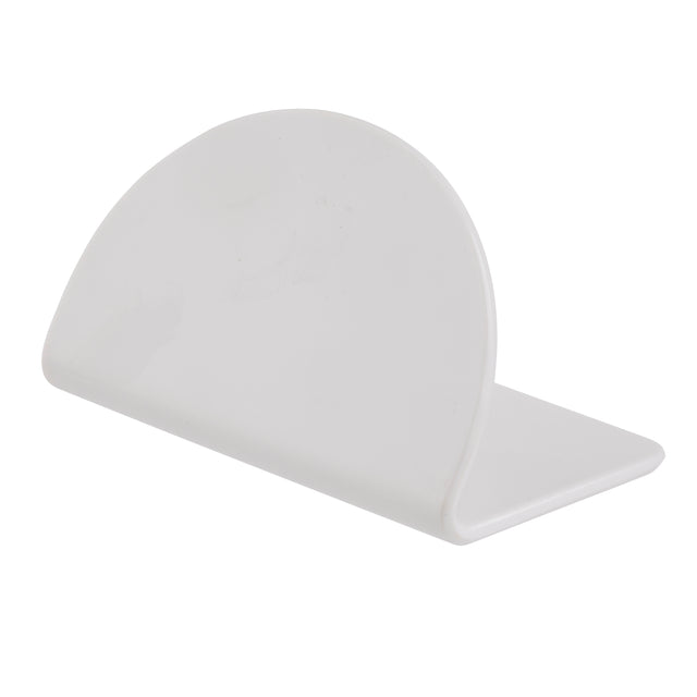 A white, semi-circular TableCraft melamine scraper with a flat base and a curved edge stands upright on a white background, its flat edge resting on the surface and the curved side facing upward.