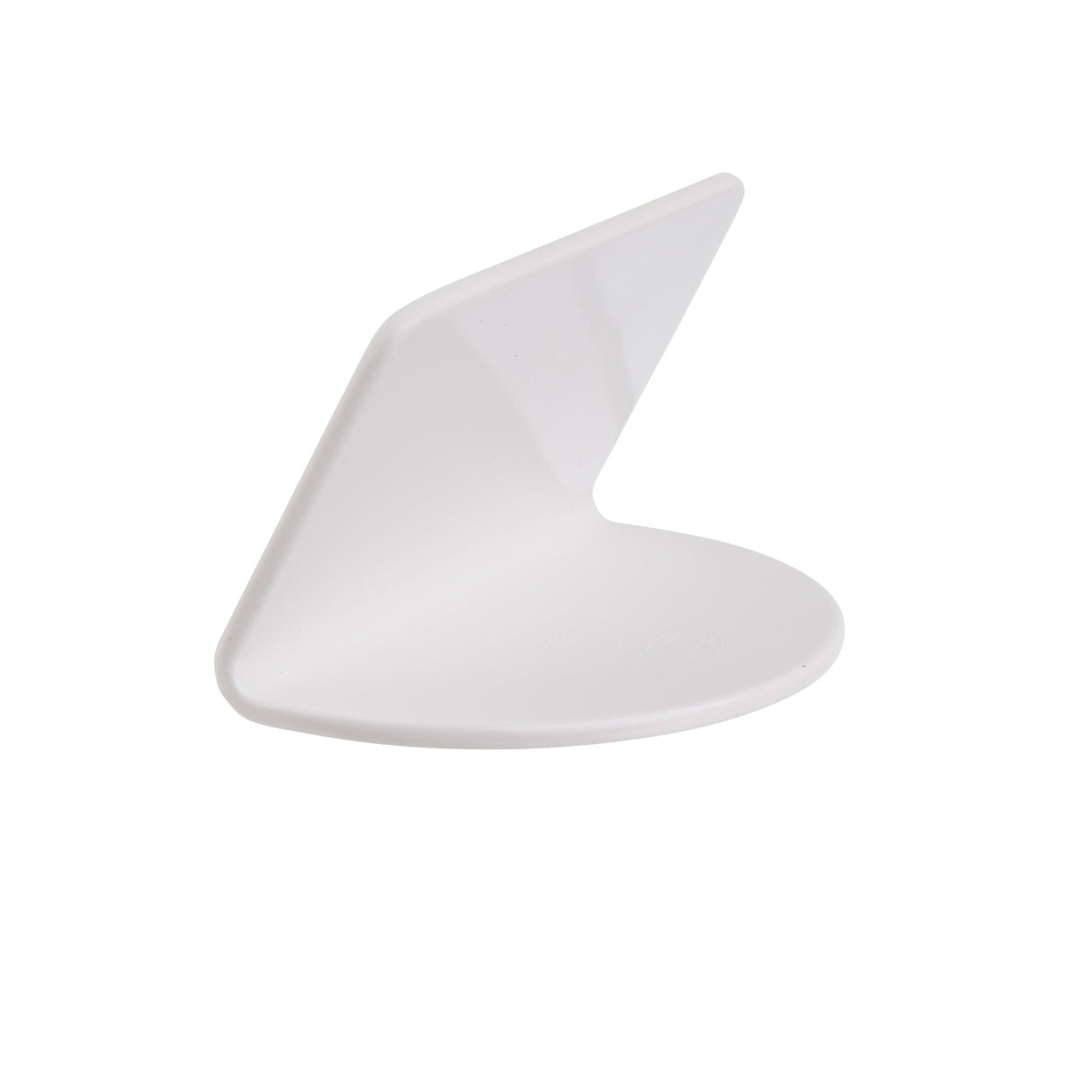 A white, L-shaped melamine object with a flat circular base and an angled upright section. The minimalistic design from TableCraft could serve as a modern bookend, stand, or support for small items. The background is plain and white.