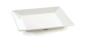 A plain, empty, square white ceramic plate with slightly raised edges is shown against a white background. Reminiscent of the sleek Frostone Collection tray, its smooth surface and simple, modern design are clearly visible.