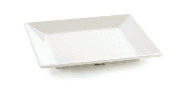 A plain, empty, square white ceramic plate with slightly raised edges is shown against a white background. Reminiscent of the sleek Frostone Collection tray, its smooth surface and simple, modern design are clearly visible.