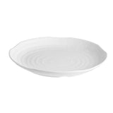 A white, round Frostone Collection tray with a slightly wavy, irregular rim and a textured surface, viewed from a slight angle against a plain white background. This melamine tray is empty and has a subtle glossy finish.