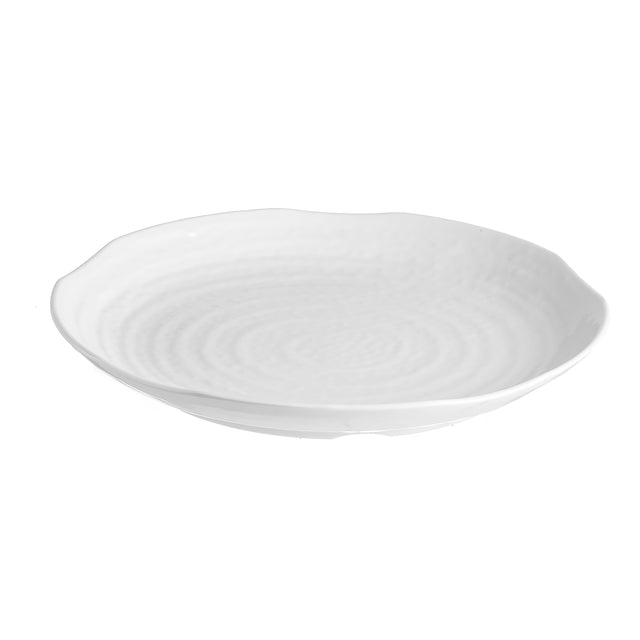 A white, round Frostone Collection tray with a slightly wavy, irregular rim and a textured surface, viewed from a slight angle against a plain white background. This melamine tray is empty and has a subtle glossy finish.