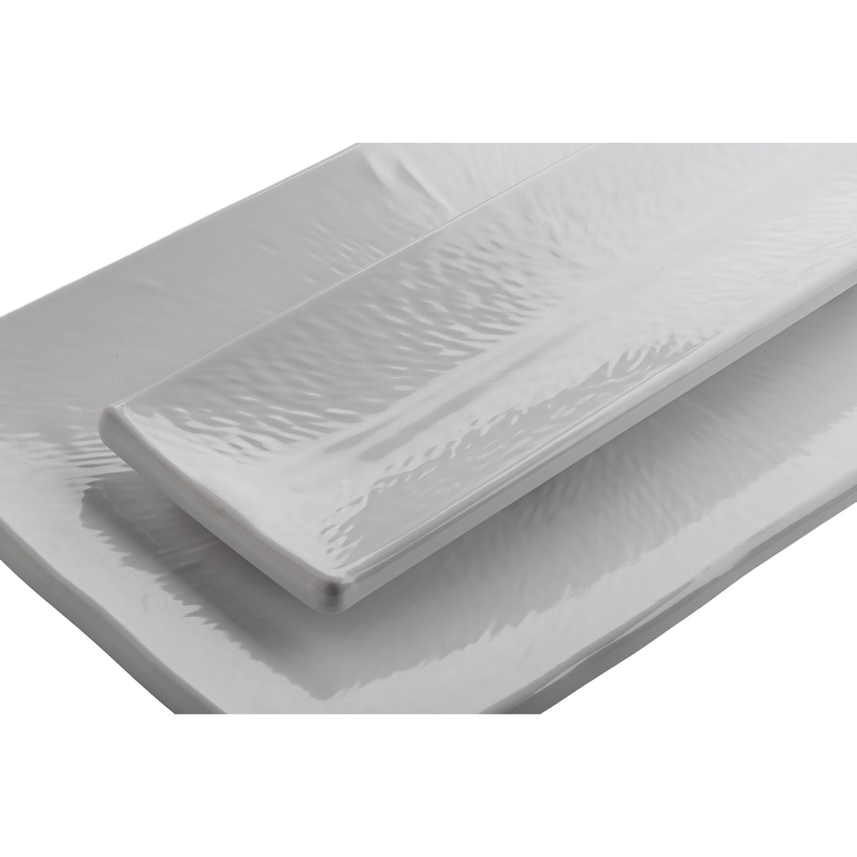 Close-up of two overlapping rectangular serving dishes from the Frostone Collection, featuring a glossy, textured surface. The melamine dishes are stacked slightly askew, showcasing their smooth edges and subtle wavy pattern against a plain white background.