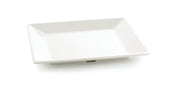 A white, square Frostone Collection Tray with slightly raised edges sits on a plain white background. The plate is empty and clean, featuring a modern, minimalist design. Shadows beneath the dishwasher safe tray add a subtle sense of depth.