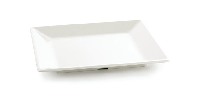 A white, square Frostone Collection Tray with slightly raised edges sits on a plain white background. The plate is empty and clean, featuring a modern, minimalist design. Shadows beneath the dishwasher safe tray add a subtle sense of depth.