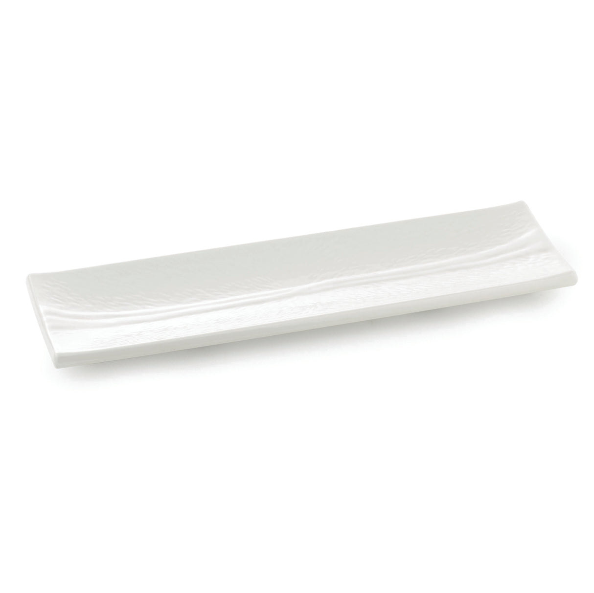 A long, rectangular serving dish from the Frostone Collection, this white ceramic plate features slightly raised, curved edges and a smooth, glossy finish. The plate is empty and photographed against a plain white background.